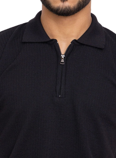 Black Design 01055Knit Polo Neck Zipper - T-Shirt - Khotwh